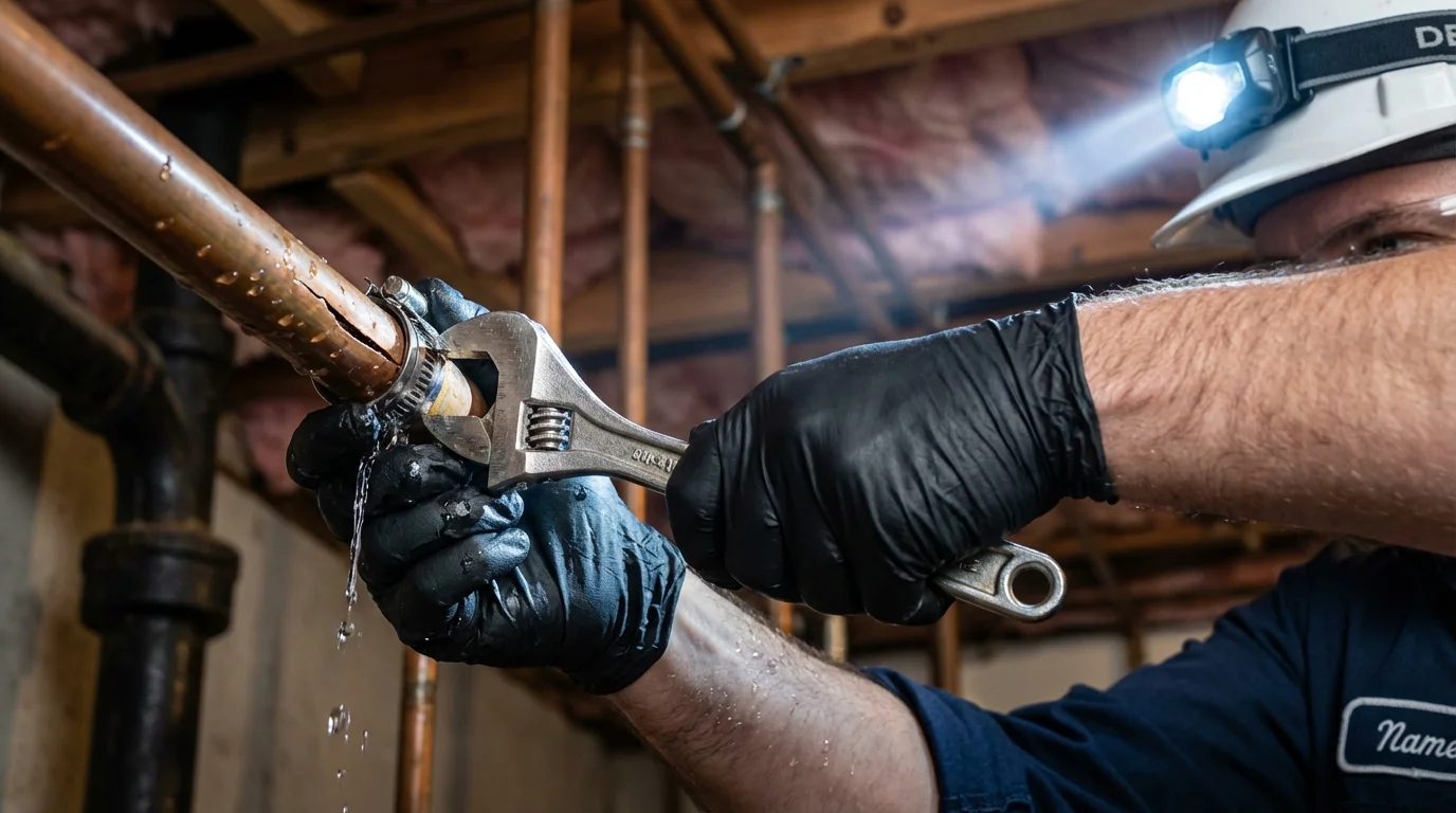 Emergency pipe clamp repair being performed by a Johns Plumbing LLC plumber in Corning