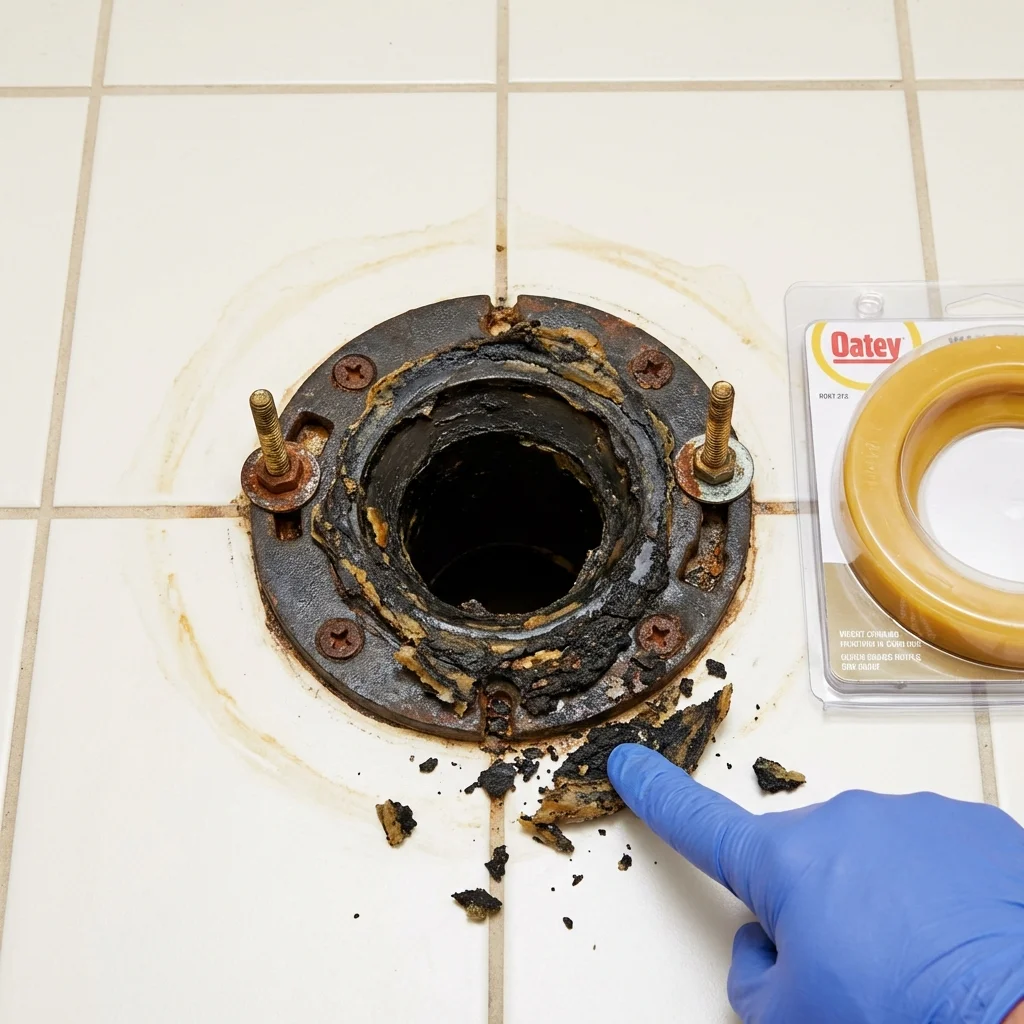Failed wax ring showing water seepage at the base of a toilet in a Corning, NY home